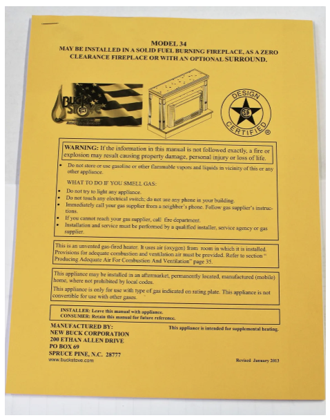 Buck Stove Owner's Manual - PI 34MAN660