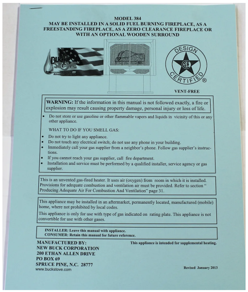 Buck Stove Owner's Manual - PI C384660
