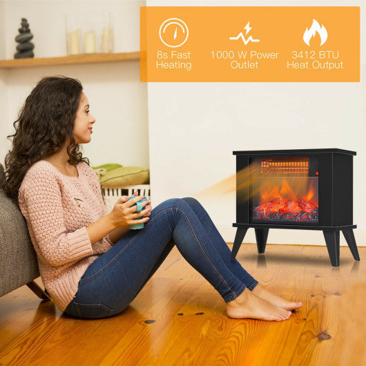 Costway 14" Black Portable Electric Fireplace Heater with Realistic Flame Effect - Detail View