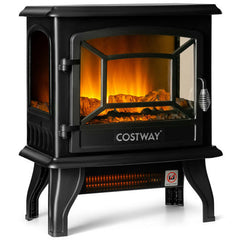 Costway Black Freestanding Fireplace Heater with Realistic Dancing Flame Effect - Detail View