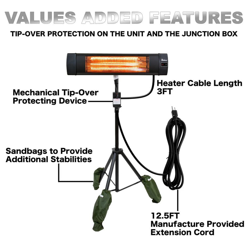 Dr. Infrared Heater 35" Black Carbon Portable Tripod & Wall/Ceiling Mount Infrared Indoor and Outdoor Patio Heater with