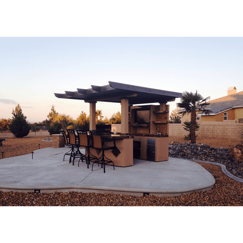 KoKoMo Grills Outdoor Kitchen T.V. Media Wall with Pergola and Outdoor Bar Seating Built-In BBQ Island