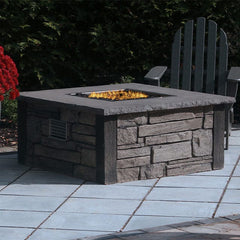 Nicolock 44" Encore Square Deluxe Match Throw Natural Gas Fire Pit Package with Surround in Ledgestone Texture & Bluestone