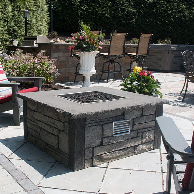 Nicolock 44" Encore Square Deluxe Match Throw Natural Gas Fire Pit Package with Surround in Stackstone Texture & Biscotti