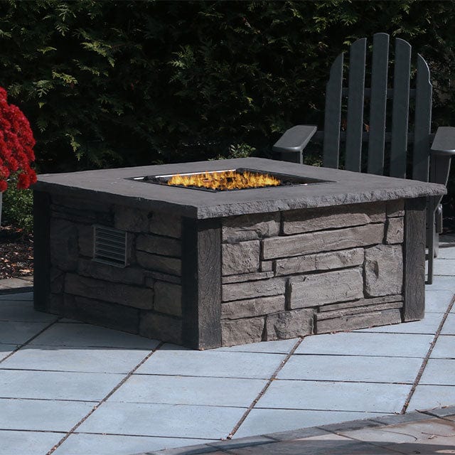 Nicolock 44" Encore Square Deluxe TPSI Liquid Propane Fire Pit Package with Surround in Ledgestone Texture & Bluestone Color