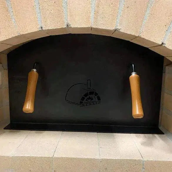 ProForno Mediterranean PRO 30" Native White Traditional Wood Fired Brick Pizza Oven with Matte Black Door - Rear View