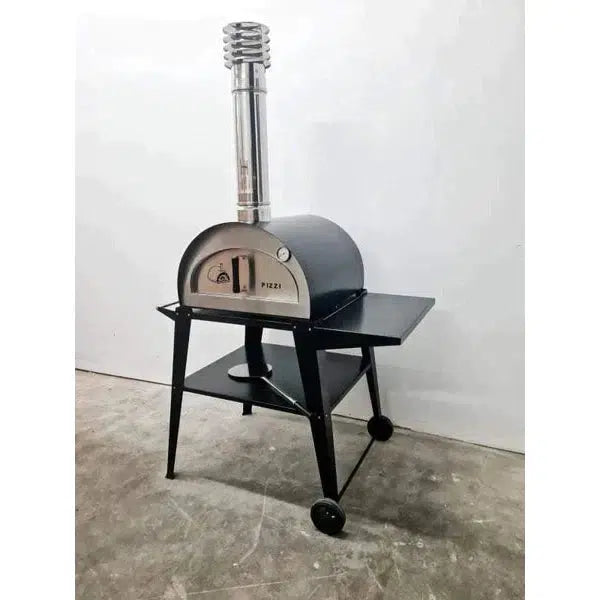 ProForno Pizzi 24" Stainless Steel Portable Wood Fired Brick Pizza Oven with Black Cart - Side View
