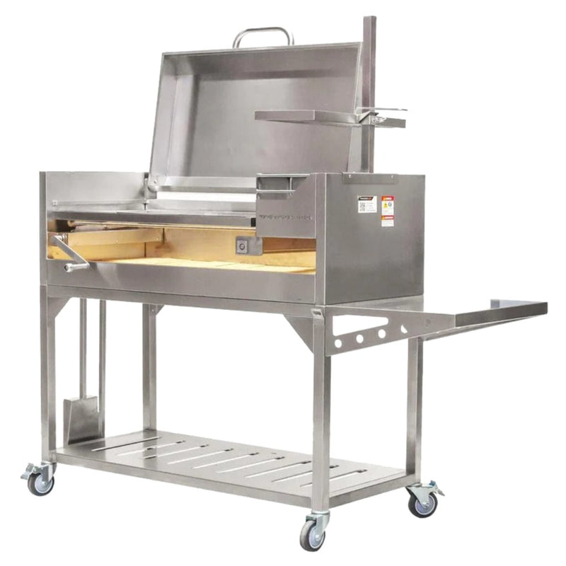 Tagwood BBQ 67" BBQ01SS All Stainless Steel Argentine Santa Maria Wood Fire & Charcoal Grill w/ Top Lid - Side View