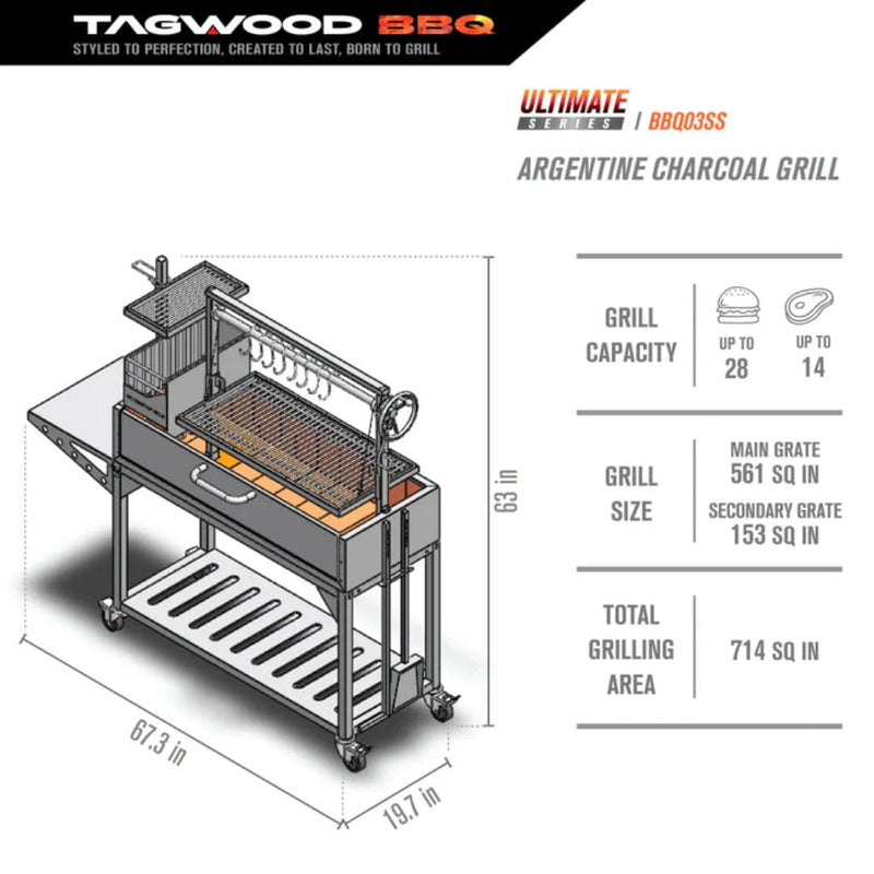 Tagwood BBQ Argentine Santa Maria BBQ03SS 68" Stainless Steel Wood Fire and Charcoal Gaucho Grill - Rear View