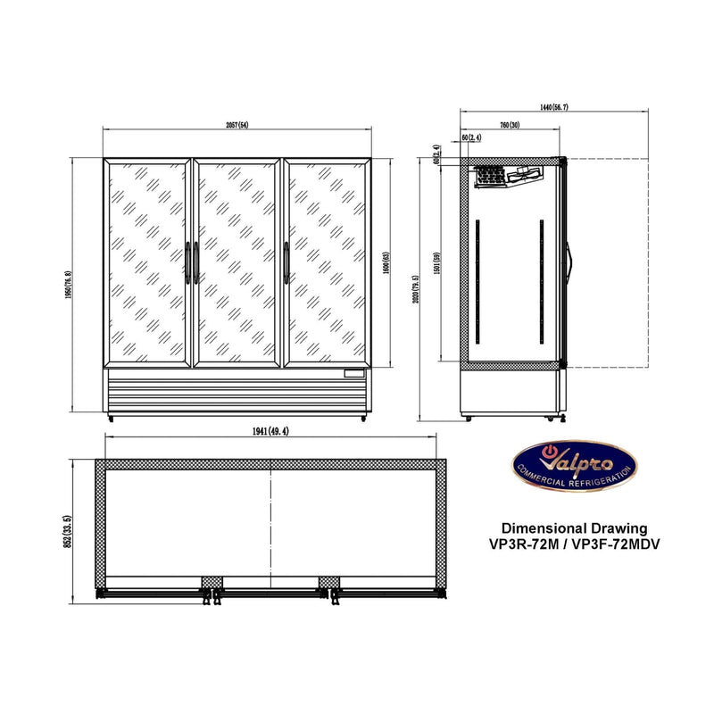 Valpro 72 cu.ft. Merchandiser Double-Volt Freezer With 3 Swing Full Glass Doors - Alternate View