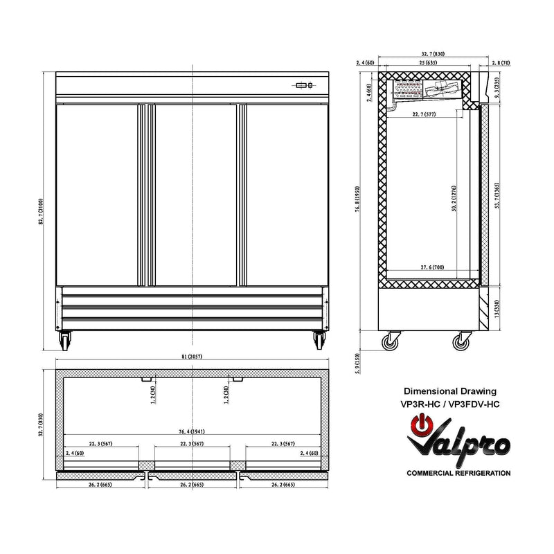 Valpro 72 cu.ft. Stainless Steel Reach-In Solid 3-Door Freezer - Detail View